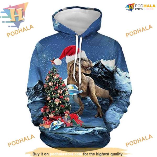Blue Dino Christmas 3D Hoodie, Funny Xmas Gifts