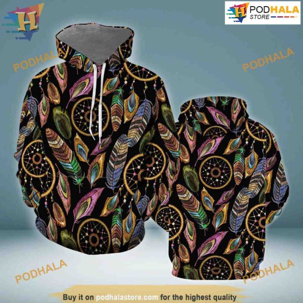 Boho Peacock Dream Catcher Feather Pattern All Over Printed 3D Hoodie