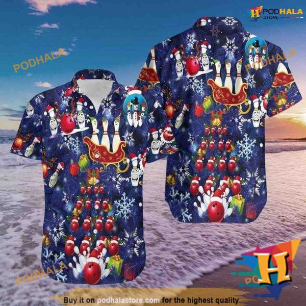 Bowling Santa Blue Hawaiian Shirt, Mens Christmas Hawaiian