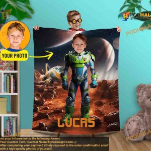 Boy Face Buzz Lightyear Custom Photo and Name Blanket, Toy Story Gift for Son