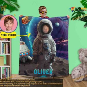 Boys Astronaut Personalized Photo Blanket, Space Lover Custom Face Birthday Gift