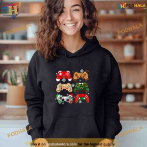 Boys Christmas Santa Elf Gaming Controllers Gamer Xmas Shirt Hoodie