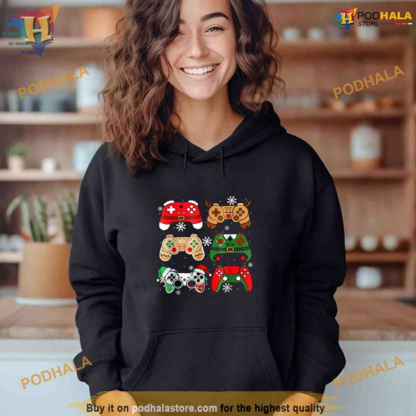 Boys Christmas Santa Elf Gaming Controllers Gamer Xmas Shirt Hoodie