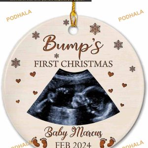 Bump's First Christmas 2023 Personalized Ceramic Ornament, Custom Sonogram Photo Keepsake
