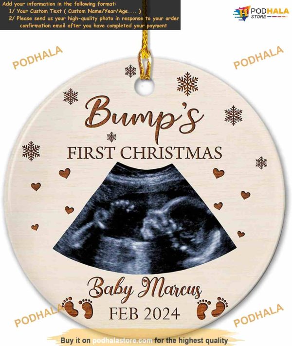 Bump’s First Christmas 2023 Personalized Ceramic Ornament, Custom Sonogram Photo Keepsake