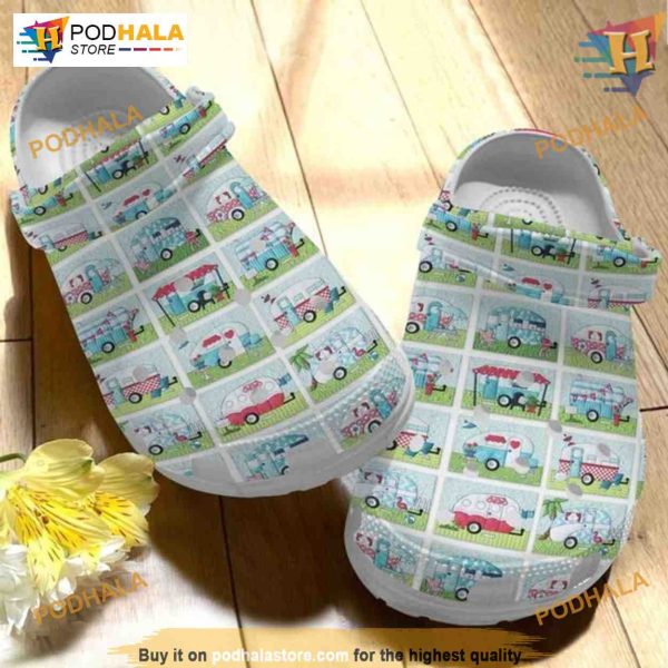 Camper Van Quilt Crocs Shoes, Ideal Creative Christmas Gifts for Campers