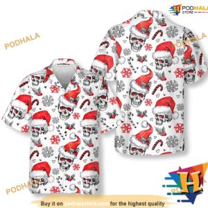 Candy Cane Skulls White Xmas Aloha Shirt, Mens Christmas Hawaiian Shirt