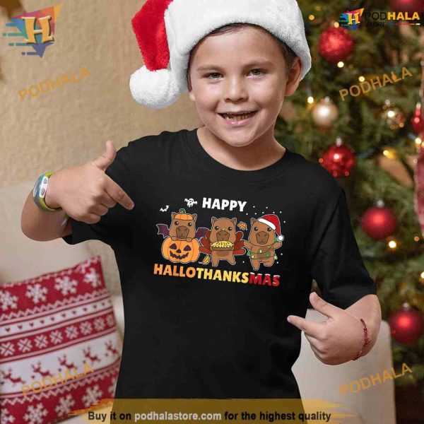 Capybara Christmas Halloween Costume Happy Hallothanksmas Shirt