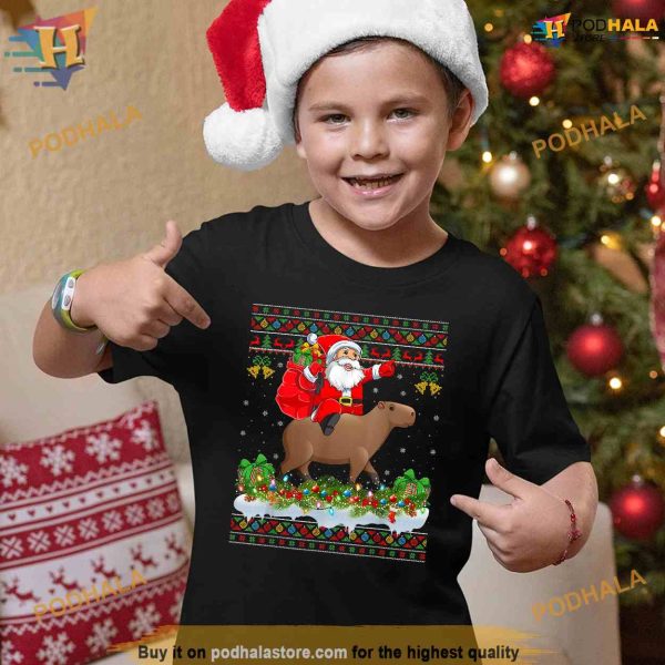 Capybara Xmas Pajamas Ugly Santa Riding Capybara Christmas Shirt