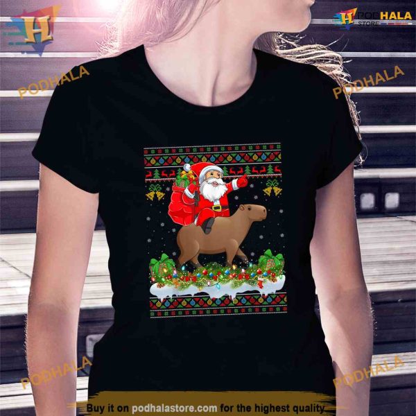 Capybara Xmas Pajamas Ugly Santa Riding Capybara Christmas Shirt
