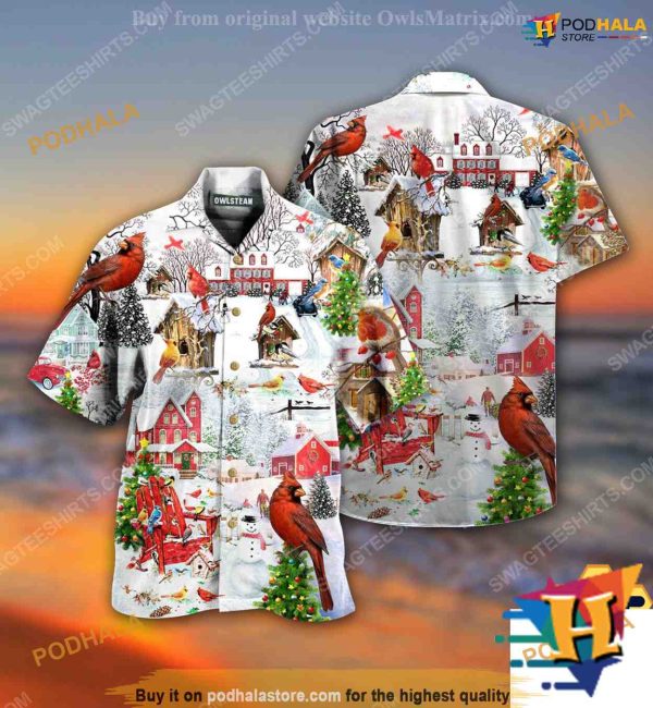 Cardinal Bird Festive Hawaiian Shirt, Mens Christmas Shirt