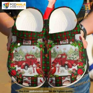 Cardinal Bird Merry Christmas Classic Clogs, Red Car Plaid Pattern, Unique Gifts