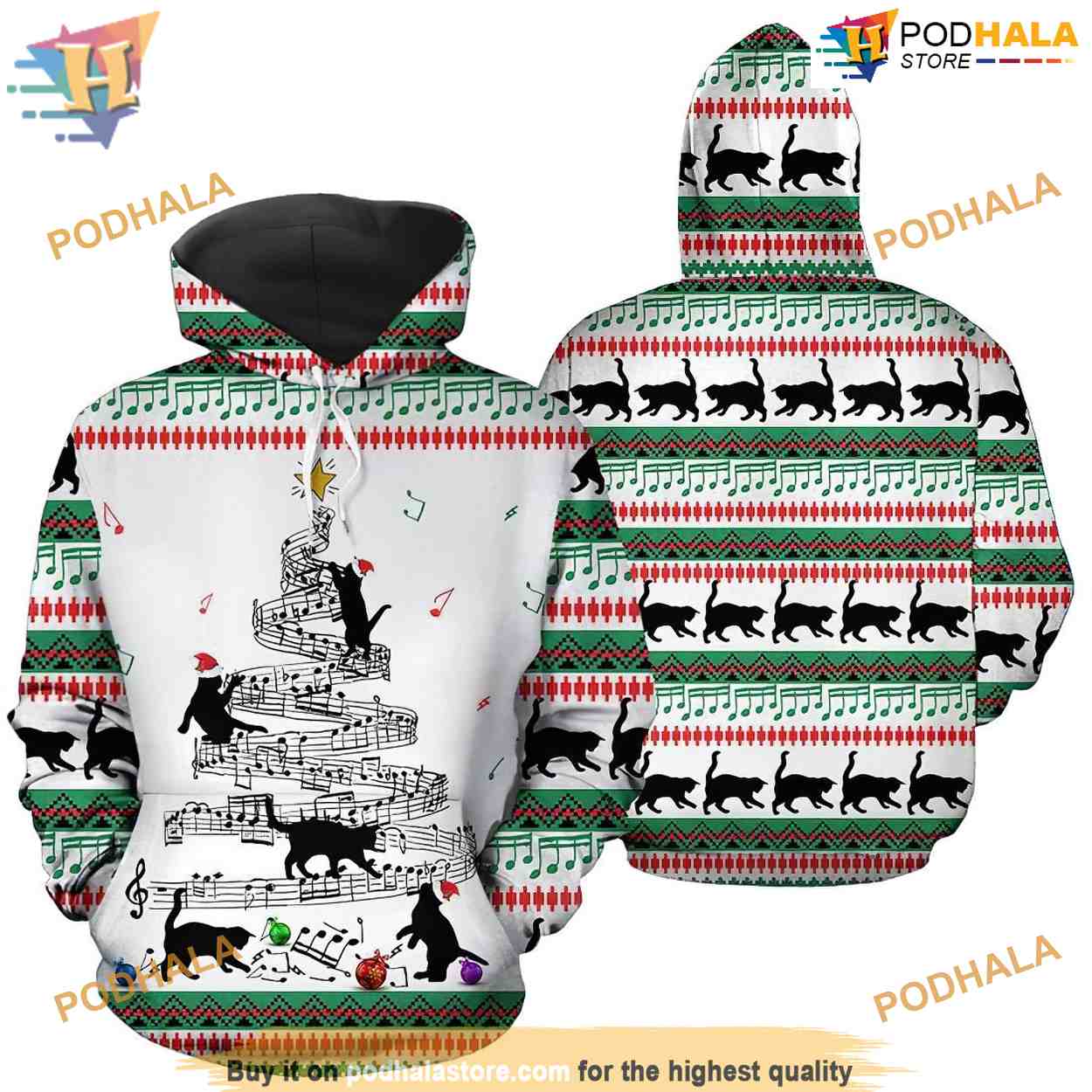 Cat Music Christmas Pattern White Unisex 3D Hoodie Cat Music Christmas Pattern White Unisex 3D Hoodie