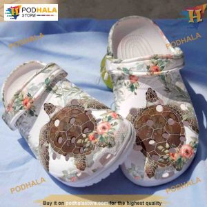 Charming Sea Turtle With Flowers Crocs, Ocean Theme, Funny Xmas Gifts