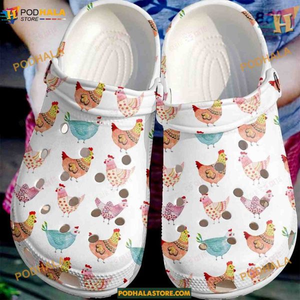 Chicken Artwork White Sole Crocs, Artistic Funny Crocs for Creatives