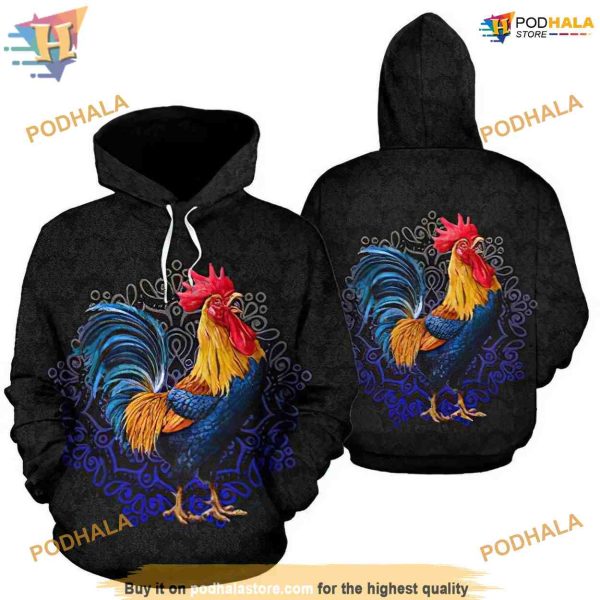 Chicken Blue Mandala Style Pattern On Black 3D Funny Christmas Hoodie