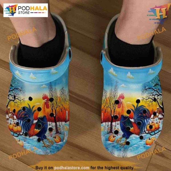 Chicken and Pumpkin Sleigh Crocs, Snowy Design, Halloween Holiday Gift