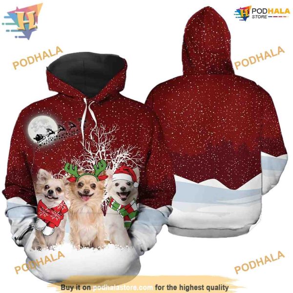 Chihuahua Is Wonderful Time Pattern On Red 3D Funny Christmas Hoodie