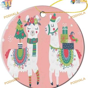 Children's Christmas 2023 Ornament, Llama & Pink Bird Snowflake Design