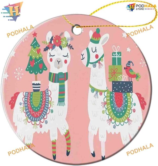 Children’s Christmas 2023 Ornament, Llama & Pink Bird Snowflake Design