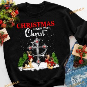 Christ & German Shepherd Dog Christmas Tee, Matching Family Xmas Shirt