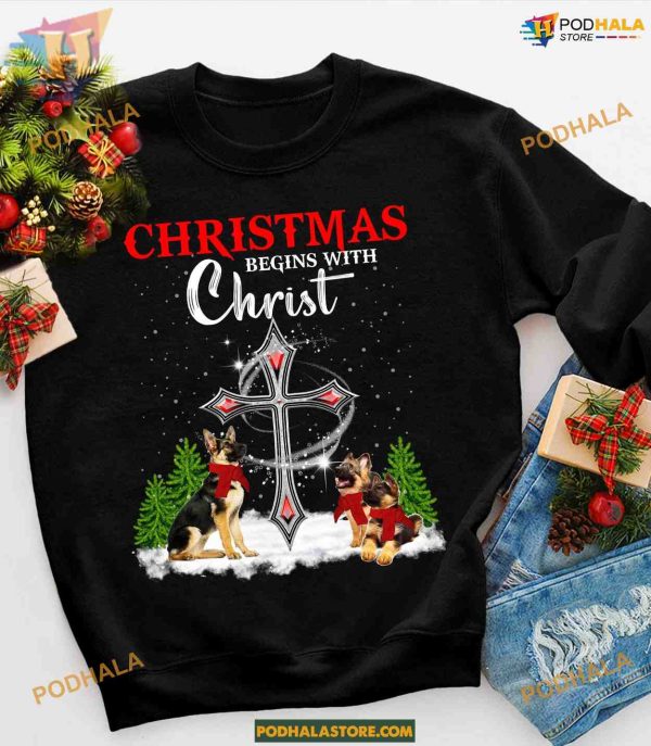 Christ & German Shepherd Dog Christmas Tee, Matching Family Xmas Shirt