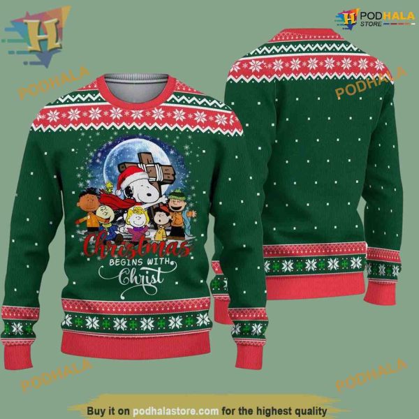 Christmas Begins With Christ Snoopy Christmas Sweaters, Funny Xmas Gifts