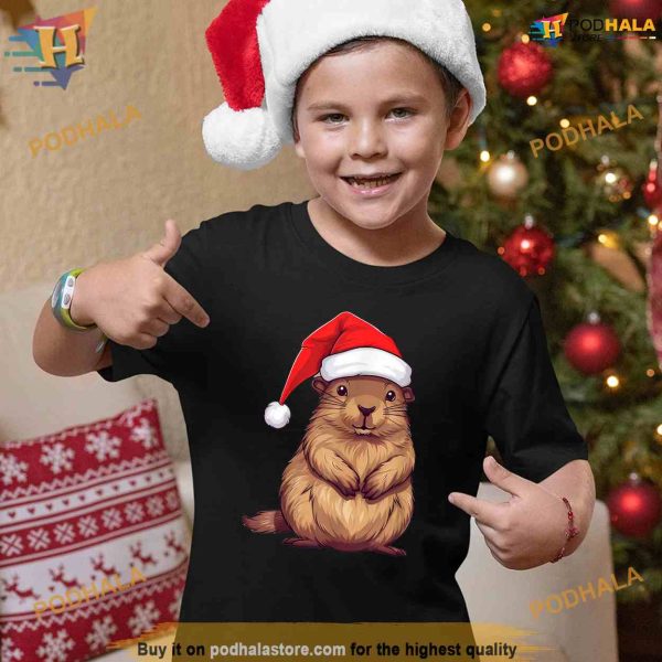 Christmas Capybara Santa Hat Funny Xmas Kids Shirt