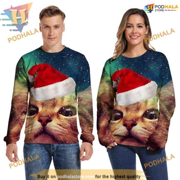 Christmas Cat Face Print Sweatshirt 3D Hoodie, Creative Xmas Gift