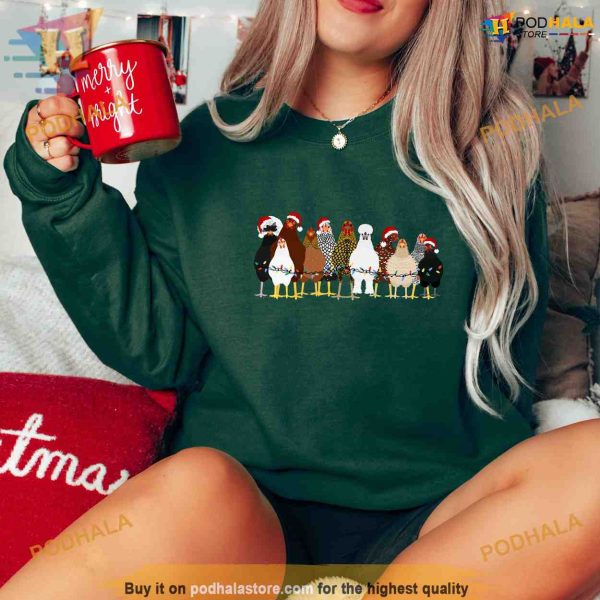Christmas Chickens Sweatshirt, Trendy Santa Hat Animal Farmer Gift