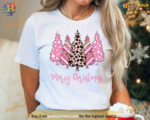 Christmas Leopard Print Pink Trees Shirt, Funny Xmas Gifts