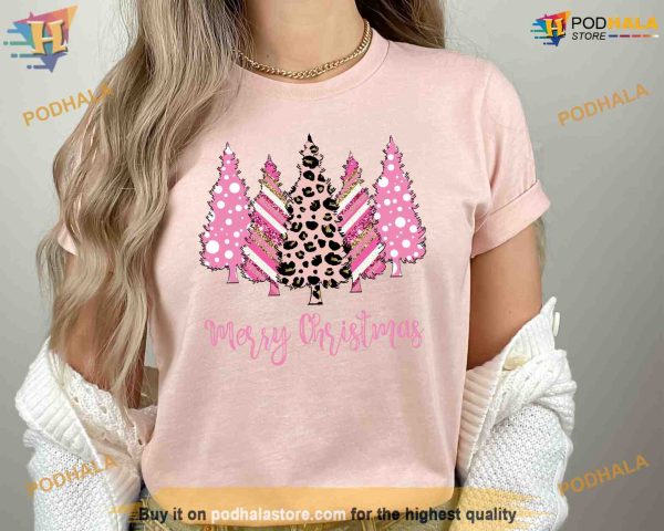 Christmas Leopard Print Pink Trees Shirt, Funny Xmas Gifts