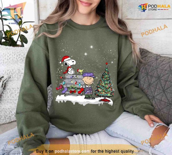 Christmas Tree Hoodie with Charlie and Snoopy Sweatshirt Hoodie, Holiday Gift Idea