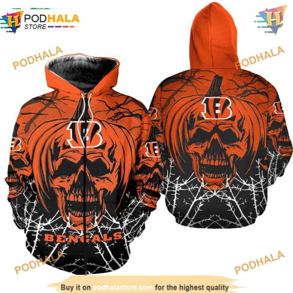 Cincinnati Bengals Pumpkin Skull Hoodie 3D, Halloween Print, NFL Merchandise