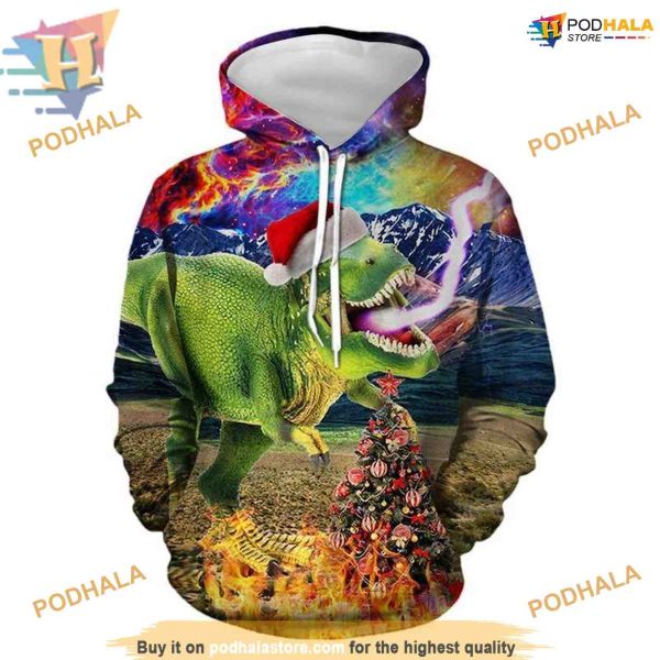 Colorful Dino Xmas Hoodie, Funny Christmas Gift Ideas