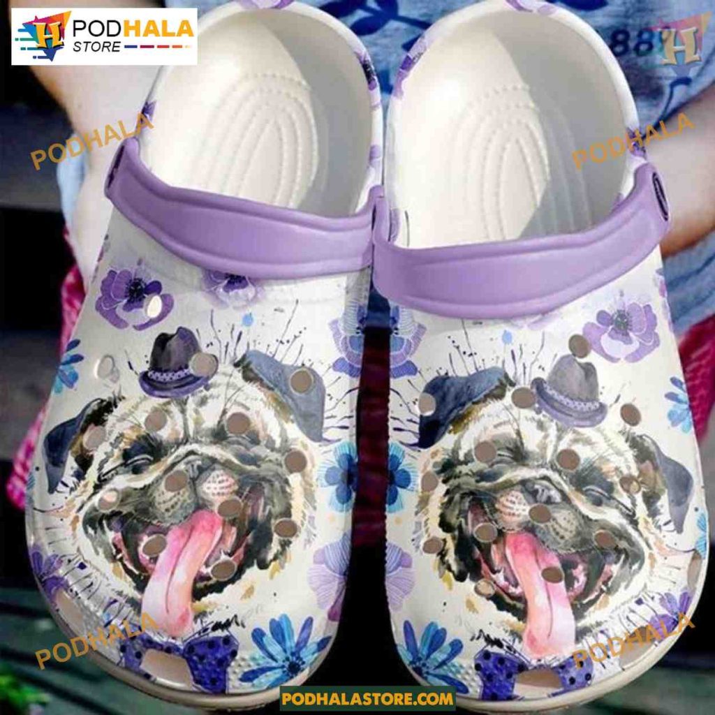 Colorful Pug Tongue Design FlowerThemed Dog Paw Crocs, Funny Crocs