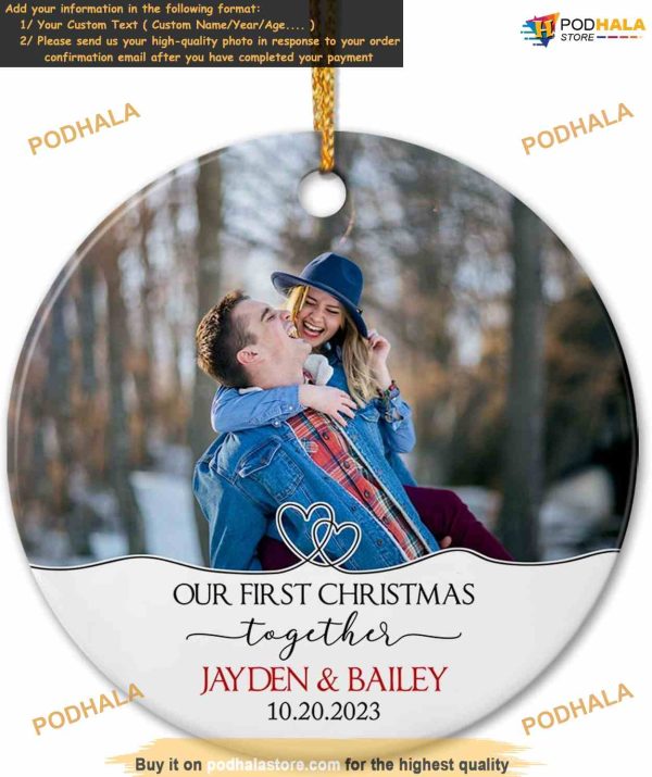 Couple’s First Christmas 2023 Personalized Photo Ceramic Ornament, Custom Newlywed Gift