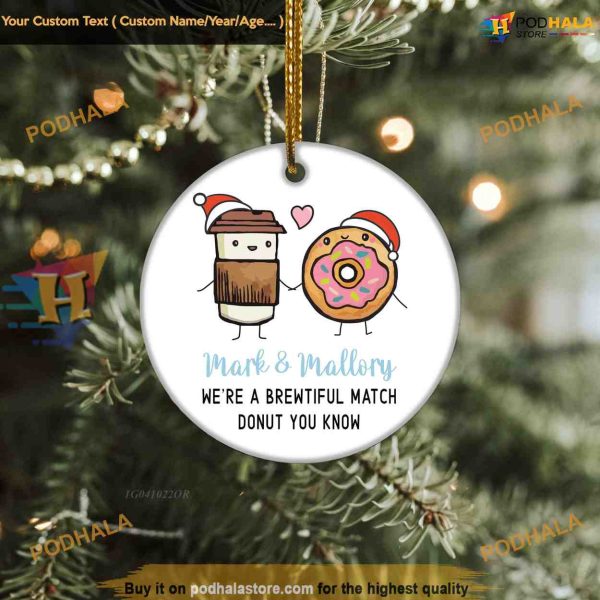 Couple’s First Christmas Donut & Coffee Ornament, Personalized Gift