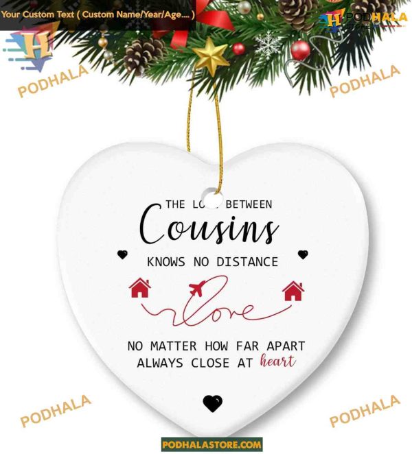 Cousins Heart-Shaped Christmas Ornament, Family Xmas Party Tree Decor