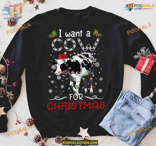 Cow Santa Hat Christmas Shirt, Funny Xmas Gifts