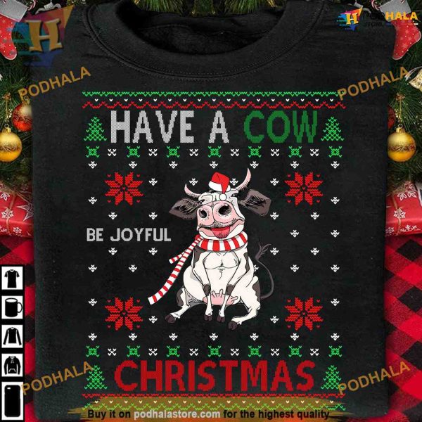 Cow Santa Hat Joyful Xmas Shirt, Farm Style Funny Christmas Gift Ideas