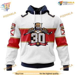 Custom 2023 Away With 30th Anniversary Logo NHL Florida Panthers Hoodie 3D 1
