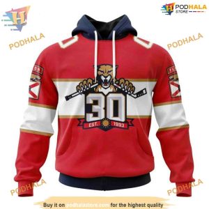 Custom 2023 Home With 30th Anniversary Logo NHL Florida Panthers Hoodie 3D 1