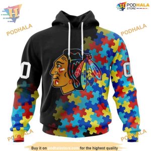 Custom Black Autism Awareness Design NHL Chicago Blackhawks Hoodie 3D 1