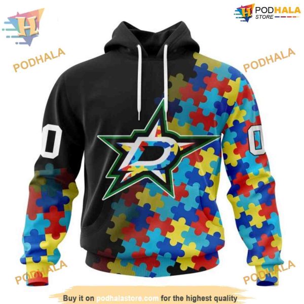 Custom Black Autism Awareness Design NHL Dallas Stars Hoodie 3D