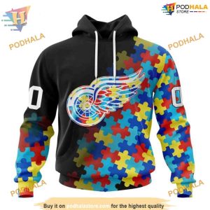 Custom Black Autism Awareness Design NHL Detroit Red Wings Hoodie 3D 1