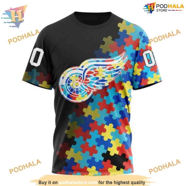 Custom Black Autism Awareness Design NHL Detroit Red Wings Hoodie 3D