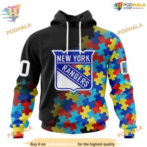 Custom Black Autism Awareness Design NHL New York Rangers Hoodie 3D 1
