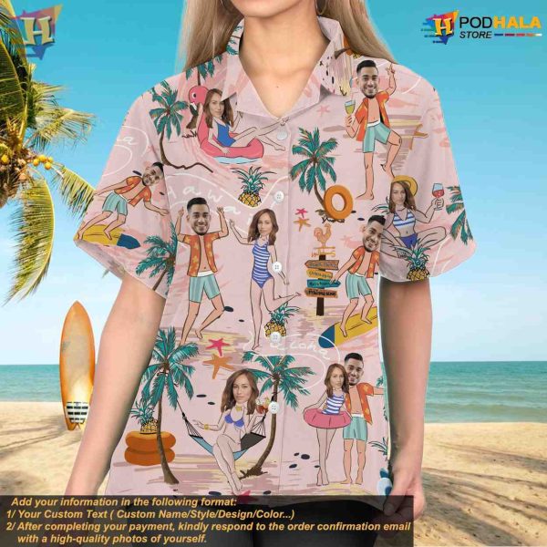 Custom Button-Up Shirt with Face, Personalized Floral Aloha Beach Shirt