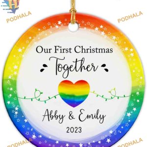 Custom First LGBT Christmas 2023 Ornament, Personalized Rainbow Heart Keepsake